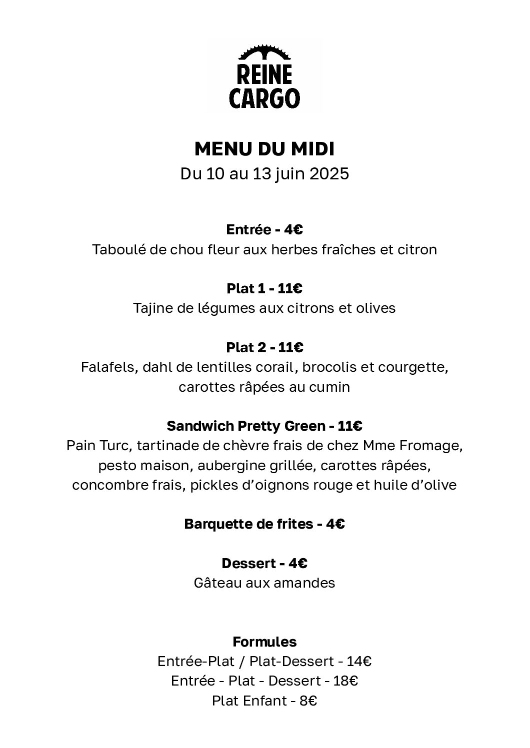 Menu du midi du 10 au 13 juin 2025